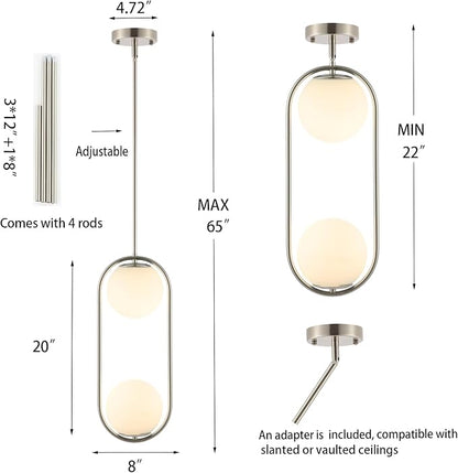 BYOLIIMA Modern Globe Pendant Light 2-Lights Brushed Nickel Chandelier Mid Century Ceiling Hanging Lighting Fixture White Globe Glass Shades for Kitchen Island Dining Room Bedroom