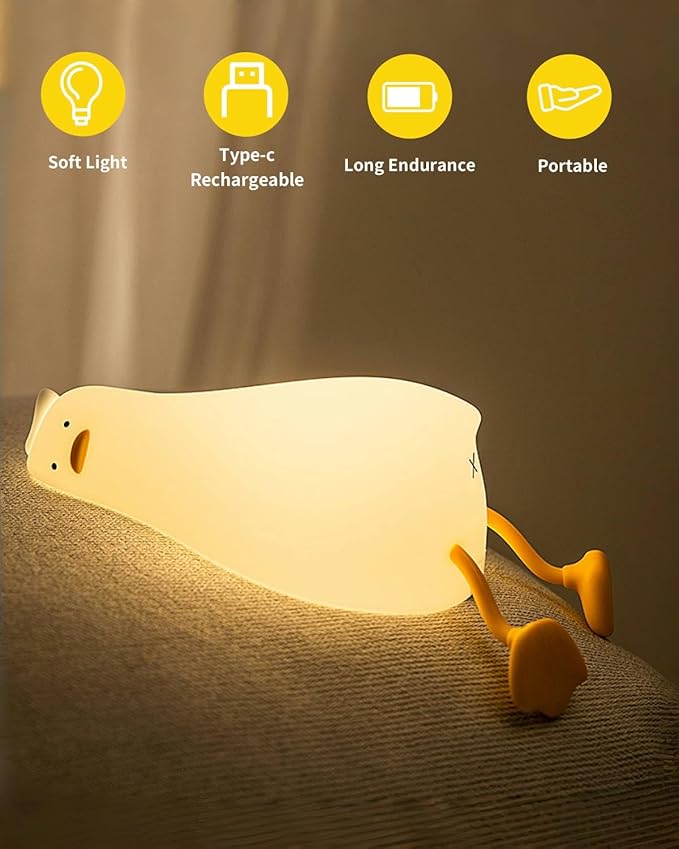 Lying Flat Duck Night Light, Squishy Duck Lamp with Tap Control, 30-Min Auto-Off Timer, Rechargeable Silicone Bedside Lamp for Kids Adults, [Mothers Day Gifts]