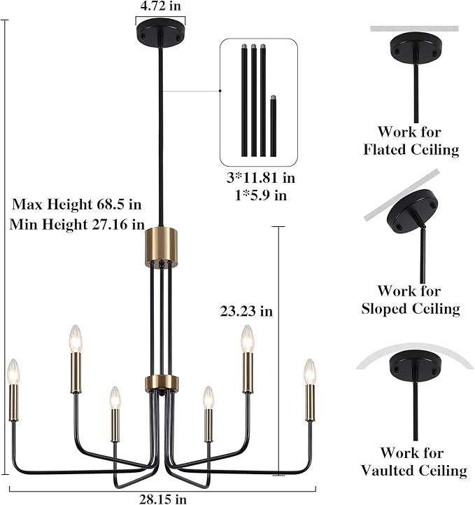 6-Light Modern Farmhouse Chandelier, Black and Gold Chandelier for Dining Room Light Fixtures Ceiling Hanging, Kitchen Chandelier for Bedroom Living Room Entryway