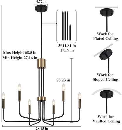 6-Light Modern Farmhouse Chandelier, Black and Gold Chandelier for Dining Room Light Fixtures Ceiling Hanging, Kitchen Chandelier for Bedroom Living Room Entryway
