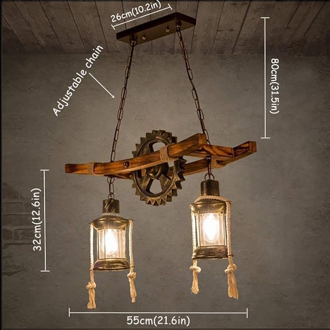 Wood Retro Pendant Lighting Industrial Vintage Chandelier Black Metal Bedroom Restaurant Suspension Lamp Cage Frame with Glass Shade House Loft Bar Coffee Decoration Ceiling Lights Fitting, E2
