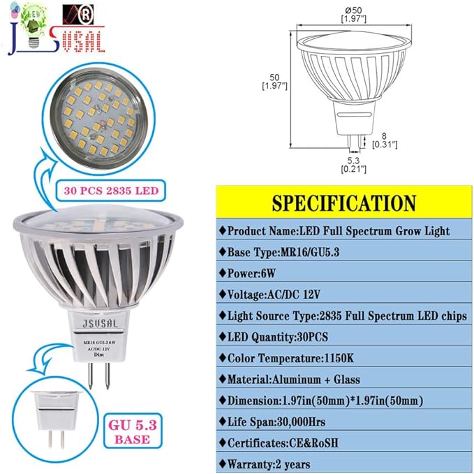 Plant Grow Light Bulb,6W Full Spectrum Grow Lamp,Purple Light,MR16 GU5.3 AC/DC12V 60W Equivalent LED Grow Light Bulb for Idoor Outdoor Plant Growing, DIY Horticulture, Greenhouse,2-Pack