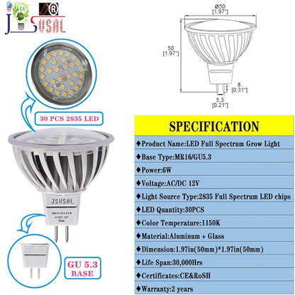Plant Grow Light Bulb,6W Full Spectrum Grow Lamp,Purple Light,MR16 GU5.3 AC/DC12V 60W Equivalent LED Grow Light Bulb for Idoor Outdoor Plant Growing, DIY Horticulture, Greenhouse,2-Pack