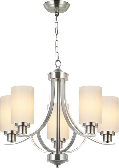 MELUCEE 5 Lights Chandeliers for Dining Room Traditional Chandelier Classic Pendant Light Brushed Nickel with Milky White Glass Shade, Mid Century Modern Chandelier for Kitchen Foyer Bedroom