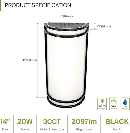 ASD LED Indoor Wall Mount Light Fixture - 14 Inch 20W Modern Interior Matte Black Dimmable Wall Sconce Light - ETL 3000K 4000K 5000K Adjustable - Hallway, Bedroom LED Wall Lights