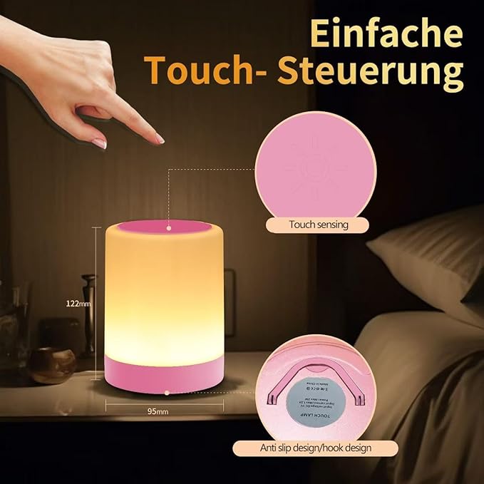 OORUN Touch Bedside Table Lamp,13 RGB Colors & 5 Brightness, USB Rechargeable Desk Lamp, Remote Control Dimmable Night Light with RGB Color Changing,Portable Lamp for Baby, Bedroom, Living Room (Pink)