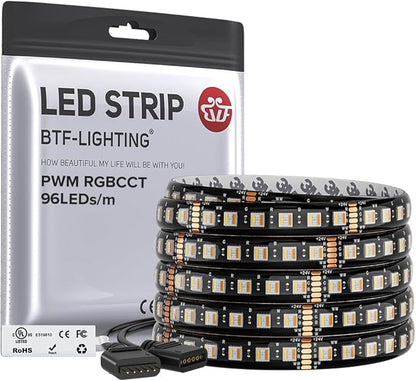 BTF-LIGHTING RGBCCT 5 Colors in 1 LED 5050SMD RGBWW RGB+Dimmable Tunable Color Temperature 2700K-6500K UL Listed 16.4ft 96LED/m 480LED DC24V Multi-Colored IP65 for Decoration(No Adapter or Controller)