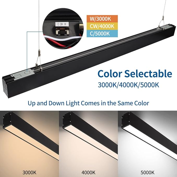 DAKASON 4FT LED Linear Lights 35W Down 15W Up Light, 4 Feet Commercial Shop Lighting for Office, 3/4/5000K Selectable, Dimmable Suspended 4’ Architectural Fixture for Gym, Retail, 4 Pack Black