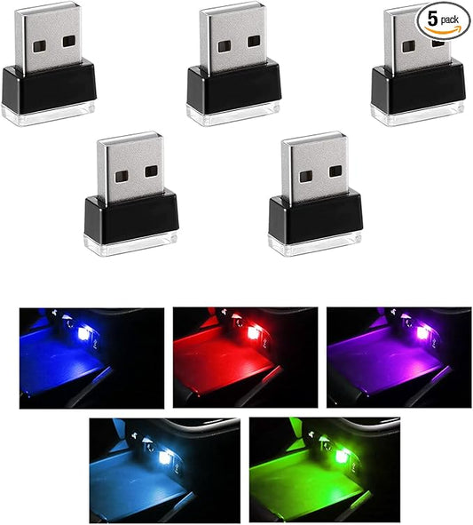 5 PCS USB LED Car Interior Atmosphere Lamp, Portable Mini LED Night Light, Plug-in USB Interface Trunk Ambient Lighting Kit, Universal Interior Car Accessories (Blue+Red+Ice Blue+Green+Purple)