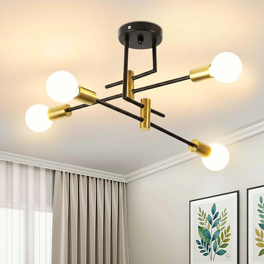 Modern Sputnik Chandelier 4-Light Adjustable Ceiling Light Fixture Semi Flush Mount Ceiling Lamp with E26 Base Industrial Ceiling Light for Dining Room Bedroom Living Room Black and Gold
