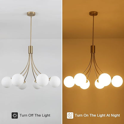 31.5" Modern Mid-Century Gold Sputnik Chandelier - 6-Light Adjustable Hanging Fixture with Milk White Glass Shades for Dining Room, Kitchen Island, Living Room, Bedroom, Foyer Lighting