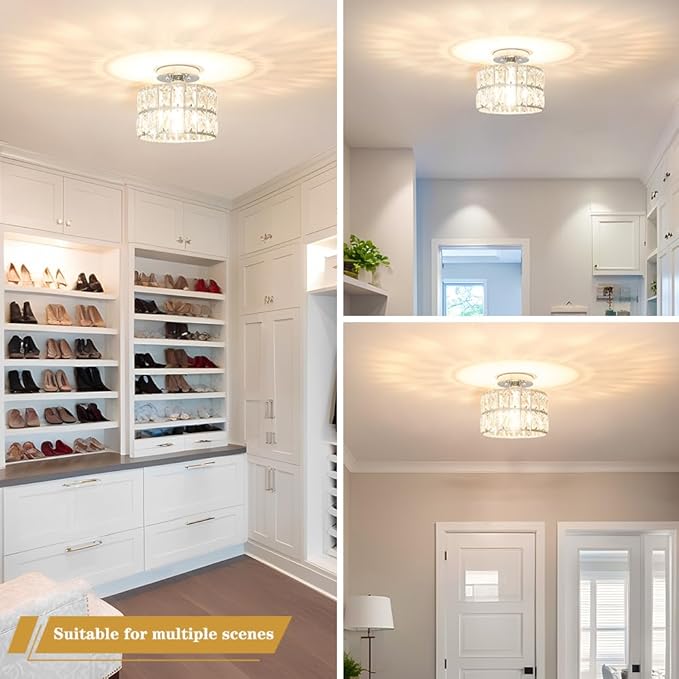 Lxybcce Crystal Ceiling Light Fixture, Modern Chrome Crystal Chandelier, Small Semi Flush Mount Ceiling Lighting, Round Hallway Lighting for Kitchen Entryway Bedroom Bathroom, 1-Light, 8.8 Inch