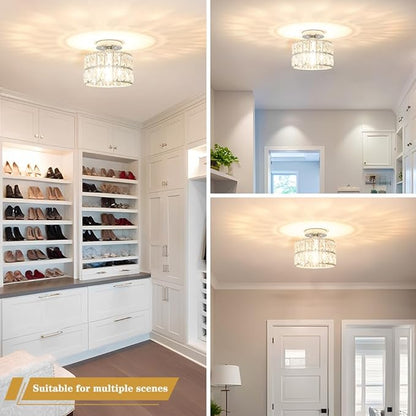 Lxybcce Crystal Ceiling Light Fixture, Modern Chrome Crystal Chandelier, Small Semi Flush Mount Ceiling Lighting, Round Hallway Lighting for Kitchen Entryway Bedroom Bathroom, 1-Light, 8.8 Inch