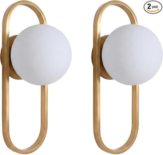 Bektas Gold Wall Lamp Sconces Set of 2 with White Globe Glass Shade - Living Room & Bedroom Wall Lights ETL Listed