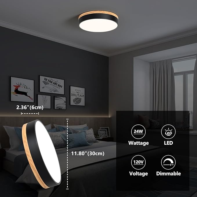 WOKNOS Dimmable Wood Flush Mount Ceiling Light Modern Black LED Ceiling Light Fixture 2700K-6000K Minimalist Round Close to Ceiling Light for Bathroom Hallway Bedroom Entryway Kitchen, 11.81"