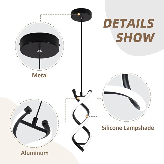 CANEOE Spiral Modern Pendant Light Fixture, 5500K Cold White Black LED Hanging Lamp, Adjustable Height Black Kitchen Island Light Fixture for Dining Room Bedroom Kitchen Sink ((Black, 5500K, 2 Packs)