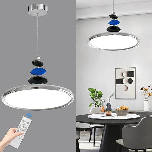 Mikeru Modern Pendant Lights, 15.8" Chrome Pendant Lighting Fixture with Remote Control Dimmable 3 Color Mode & Brightness Mid Century Island Light for Dining Room, Kitchen, Living Room