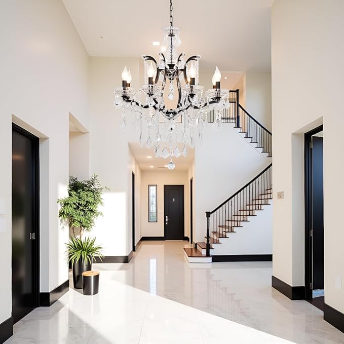 8-Light Crystal Chandelier Black Finish Modern Luxury Antique Flush Mount Chandelier with Crystal Drops Prisms Beads, Elegant Dining Room Living Room Entryway Foyer Ceiling Light Fixture