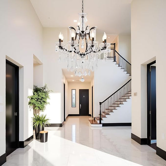 8-Light Crystal Chandelier Black Finish Modern Luxury Antique Flush Mount Chandelier with Crystal Drops Prisms Beads, Elegant Dining Room Living Room Entryway Foyer Ceiling Light Fixture