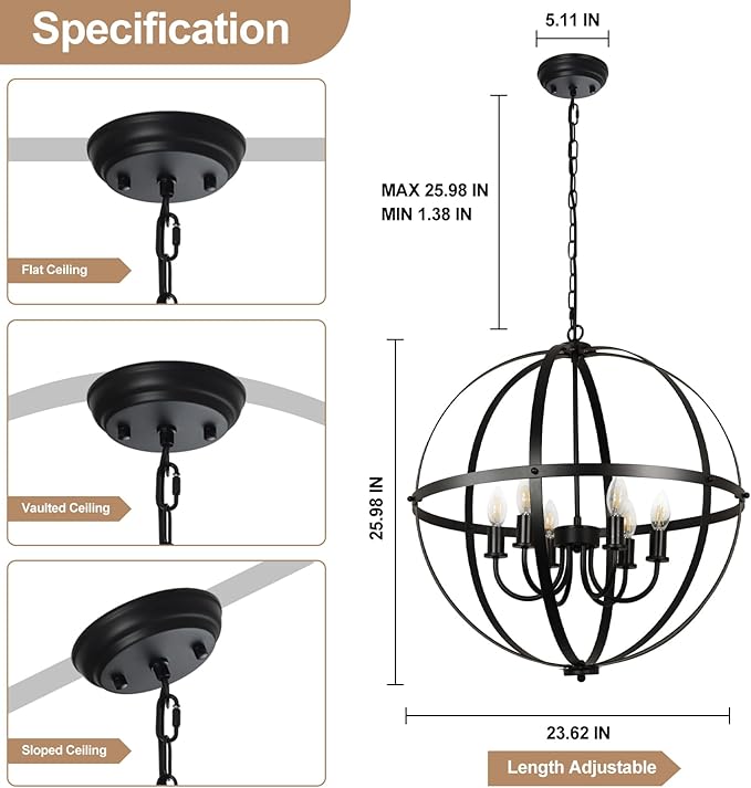 DLLT 6-Light Orb Chandelier, Black Globe Pendant Light Fixtures, Industrial Sphere Pendant Lighting Over Island, Adjustable Hanging Light with Metal Cage for Dining Room, Foyer, E12 Bulbs Not Included