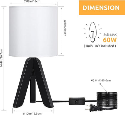 HAITRAL Wooden Tripod Table Lamp with Black Base, Small Table Lamp Bedsides Lamp with Linen Fabric Shade, Nightstand Lamp Cute Night Lamp for Bedroom,Kids Room,Nursery,Dorm