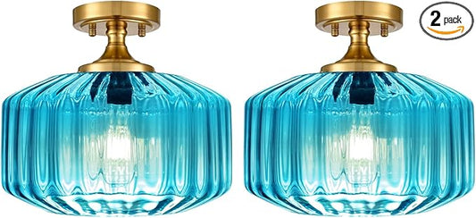 2 Pack Blue Glass Flush Mount Ceiling Light Fixture, 11.02" Gold Farmhouse Mid Century Modern Close to Ceiling Light for Entryway, Closet, Schoolhouse, E26 Base