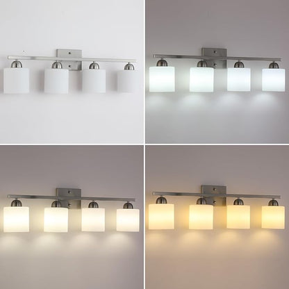 Mecgirn Stainless Steel Milk Glass Vanity Lights for Bathroom, 4 Light Brushed Nickel Bathroom Light Fixtures Over Mirror, Ceramic E26 Sockets Wall Mounted