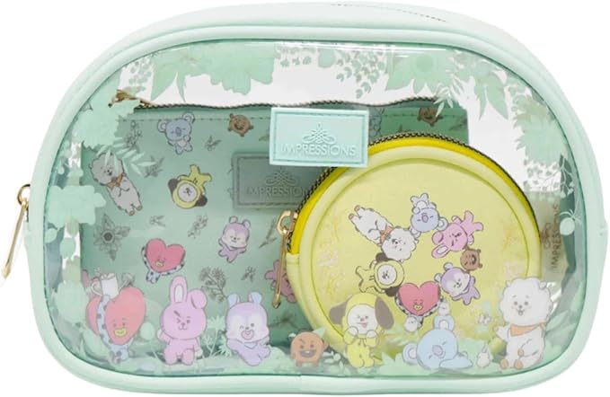 Impressions Vanity BT21 3-PC. Makeup Bag Set with Large, Medium, and Small Pouches, Makeup Organization with Inner Slip Pocket, Clear PVC Material, Travel Cosmetic Bag for Women's Daily Essentials