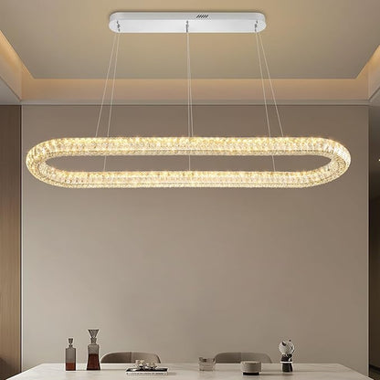 Large Led Ring Chandelier for Living Room 55in Oval Crystal Ring Pendant Light for Kitchen Island Modern Linear Oval Chandeliers Over Table Dimmable 3000K-6000K