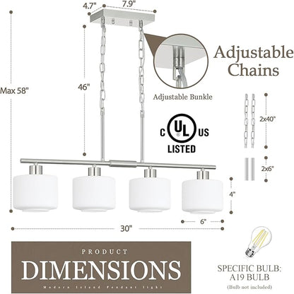 4-Light Brushed Nickel Kitchen Island Lighting, Modern Linear Dining Room Chandelier Light Fixtures with Milk Glass and Chain, Mid Century Hanging Lights for Kitchen Island, OS-YQ8153-4ISBNW