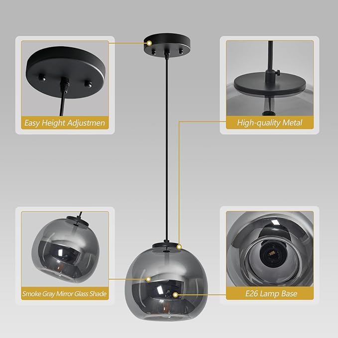 Mirror Smoke Gray Glass Pendant Lights Kitchen Island Black Hanging Light Fixture 7.87" Glass Globe Pendant Light Modern Pendant Lighting for Kitchen Island Bedroom Dining Room (7.87", 1 Pack)