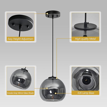 Mirror Smoke Gray Glass Pendant Lights Kitchen Island Black Hanging Light Fixture 7.87" Glass Globe Pendant Light Modern Pendant Lighting for Kitchen Island Bedroom Dining Room (7.87", 1 Pack)