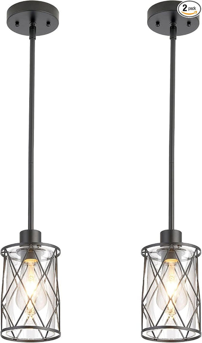 Refice Glass Pendant Lights Kitchen Island, Black Kitchen Hanging Light with Clear Glass, Farmhouse Cage Mini Pendant Lighting for Sink Dining Room Bedroom Bar, 2 Pack