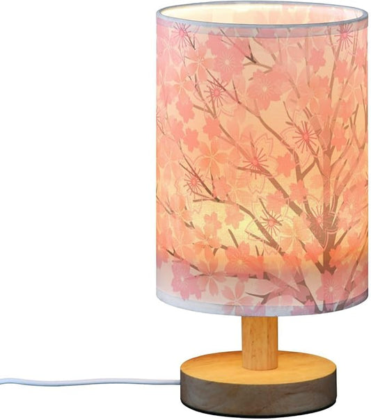 Table Lamp Pink Cherry Blossom Tree Spring Flower Nightstand Lamp with Wood Base Fabric Lamp Shade Bedside Desk Lamp for Living Room Bedroom Kids Room Office