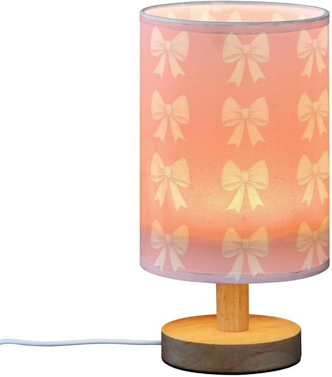 Bedside Table Lamp Cute White Bow Pink Nightstand Lamp with Wood Desk Lamps for Bedroom Living Room Nursery Office Home Decor
