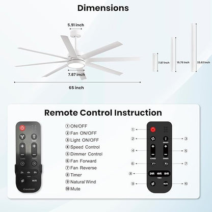 Modern Ceiling Fans with Lights, 65 Inch Ceiling Fan with Light and Remote for Bedroom Living Room Kitchen Office, Indoor/Outdoor Use, 24W 6CCT 8 Blades 6 Speed Reversible Quiet DC Motor, White