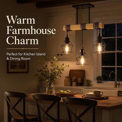 3 Light Farmhouse Ceiling Light,Pendant Light Kitchen Island,Dining Room Chandelier Light Fixture Over Table,Rustic Hanging Light for Kithen,Dining Room,Real Wood,Black Metal Cage