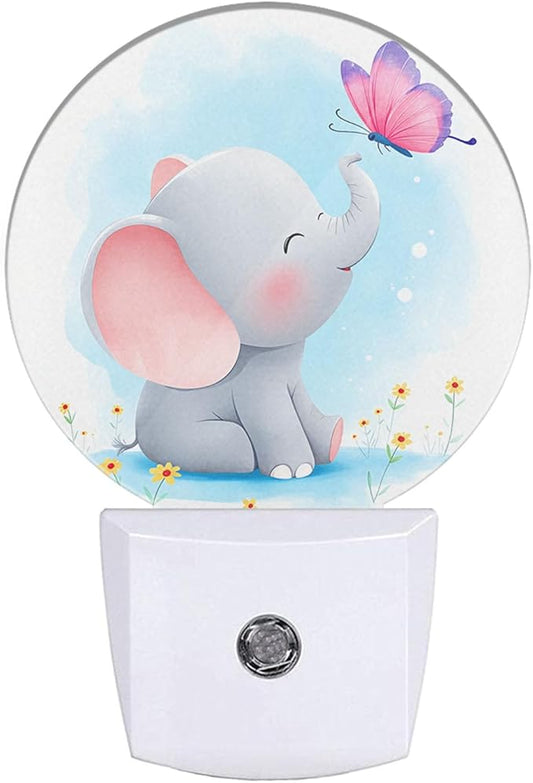 EKOBLA Plug-in Cute Elephant Night Light, Watercolor Elephant & Butterfly Design, Dusk to Dawn Sensor, Safari Animal Nightlight Decor for Boys Girls Bedroom Bathroom