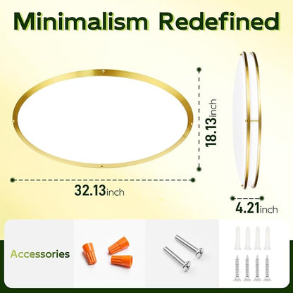 hykolity 32 Inch Oval LED Ceiling Light, 60W, 4000LM, 2700K/3000K/3500K/4000K/5000K Adjustable, Gold Finish Dimmable Flushmount Ceiling Light for Bedroom, Living Room