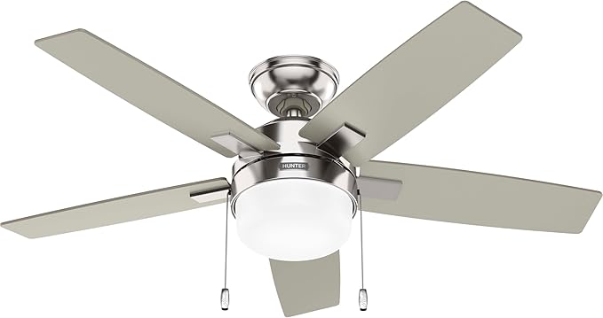 Hunter Ceiling Fan with LED Light - Black Ceiling Fan with Pull Chain, For Bedroom or Living Room, Standard Mount, No Remote, 5 Blades, Includes Bulbs - Anisten (Brushed Nickel, 52 inch)