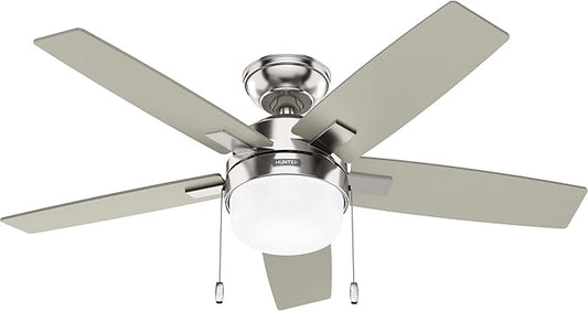 Hunter Ceiling Fan with LED Light - Black Ceiling Fan with Pull Chain, For Bedroom or Living Room, Standard Mount, No Remote, 5 Blades, Includes Bulbs - Anisten (Brushed Nickel, 52 inch)