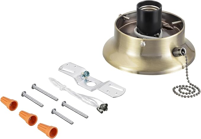 Aspen Creative 22101-07-1, Flush Mount Ceiling Fixture Shade Holder Kit with On/Off Pull Chain Switch in Antique Brass Finish 3-5/8" Fitter, 4-7/8" Diameter x 1-7/8" Height