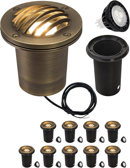 MALORY Brass Landscape Well Lights,(φ99 mm) 12V Low Voltage Outdoor In Ground Lights, Landscape Lighting with 7W 540LM MR16 for Pathway, Driveway (Full Brass -01B, 10-Pack with Bulb)