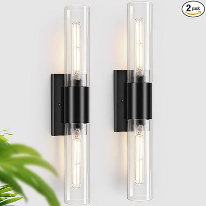 Wall Sconces Set of Two, Black Bathroom Sconces Wall Lighting with Clear Glass Modern Sconces Wall Light Set of 2 Bathroom Light Fixtures Vanity Light for Living Room Bedroom Washroom Hallway