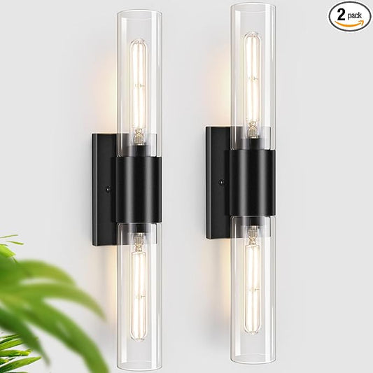 Wall Sconces Set of Two, Black Bathroom Sconces Wall Lighting with Clear Glass Modern Sconces Wall Light Set of 2 Bathroom Light Fixtures Vanity Light for Living Room Bedroom Washroom Hallway
