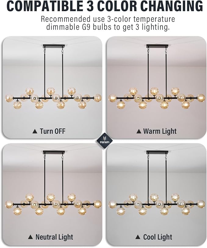 Large Linear Chandeliers for Dining Room Kitchen Island, 55" Long Light Fixture Over Table, 16-Light Modern Globe Sputnik Farmhouse Chandelier, Black and Amber Bubble, GC-08