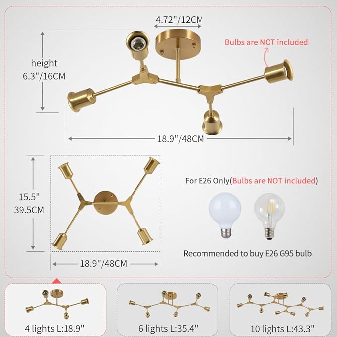 Modern Semi Flush Mount Ceiling Light,Mid Century 4 Light Lighting Fixture for Dining Room Bedroom Kitchen Foyer Entryway Hallway Closet,Metal Gold Sputnik Chandelier
