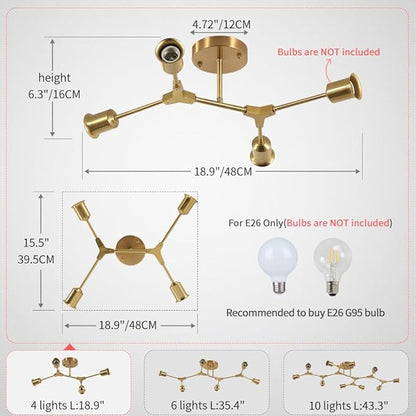Modern Semi Flush Mount Ceiling Light,Mid Century 4 Light Lighting Fixture for Dining Room Bedroom Kitchen Foyer Entryway Hallway Closet,Metal Gold Sputnik Chandelier