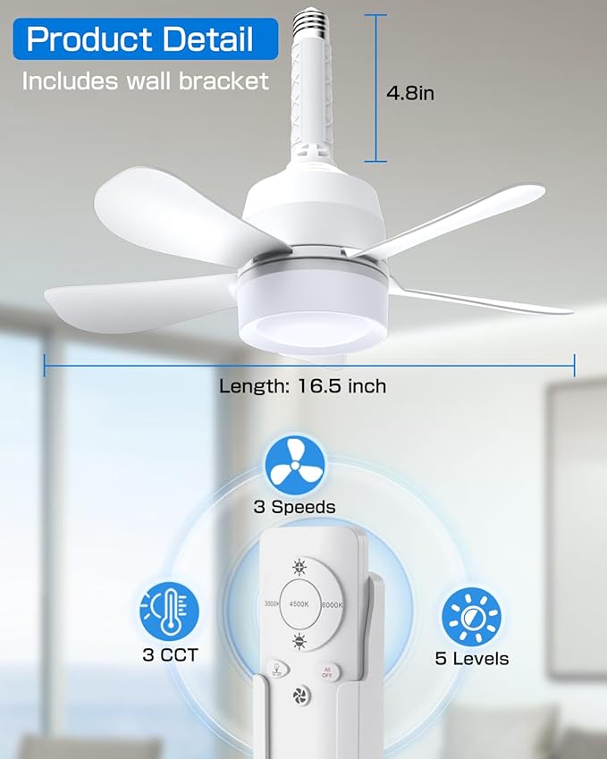 Eonini Socket Fan Light with Remote, 16" Ultra-Quiet 5-Blade Small Ceiling Fan with Light, 1000LM 3-Color Dimmable LED, 3 Speeds & 5 Brightness Levels, Screw-in E26 Base for Garage Bedroom Kitchen