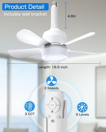Eonini Socket Fan Light with Remote, 16" Ultra-Quiet 5-Blade Small Ceiling Fan with Light, 1000LM 3-Color Dimmable LED, 3 Speeds & 5 Brightness Levels, Screw-in E26 Base for Garage Bedroom Kitchen